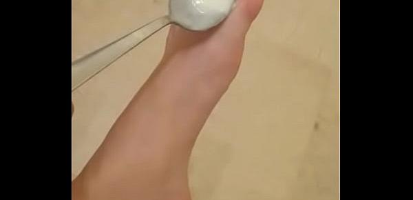  my girlfriend throws ice-cream on her feet